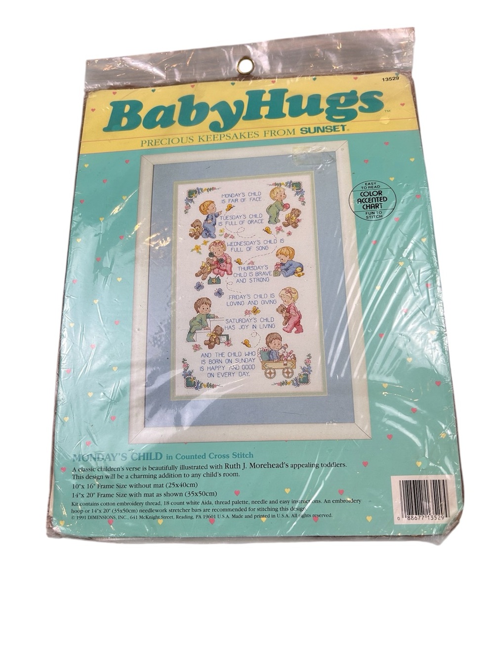 Vintage Monday’s Child Counted Cross Stitch Kit Baby Hugs by Sunset
